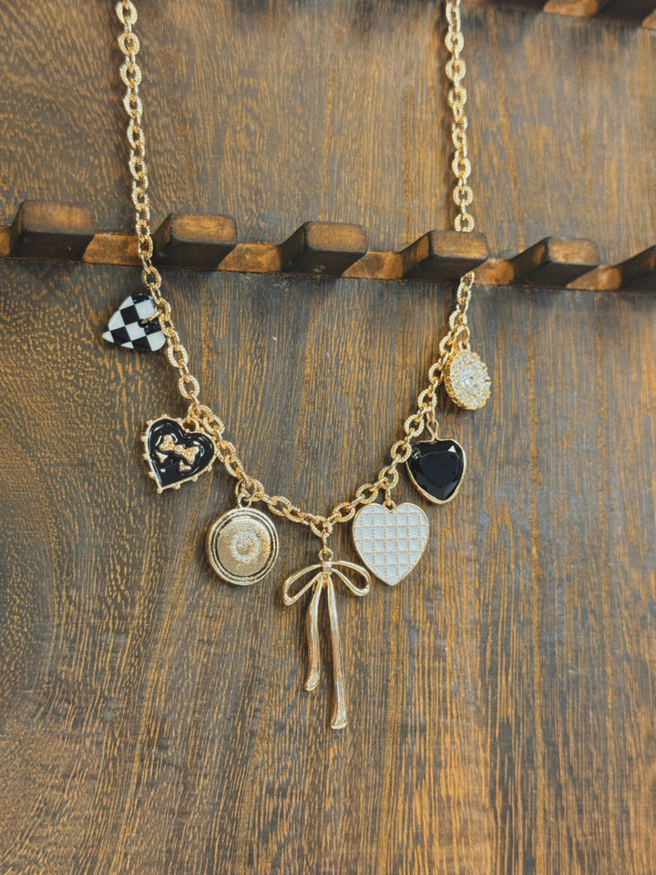 CHARM NECKLACE-BOW CHECKER HEART RHINESTONE