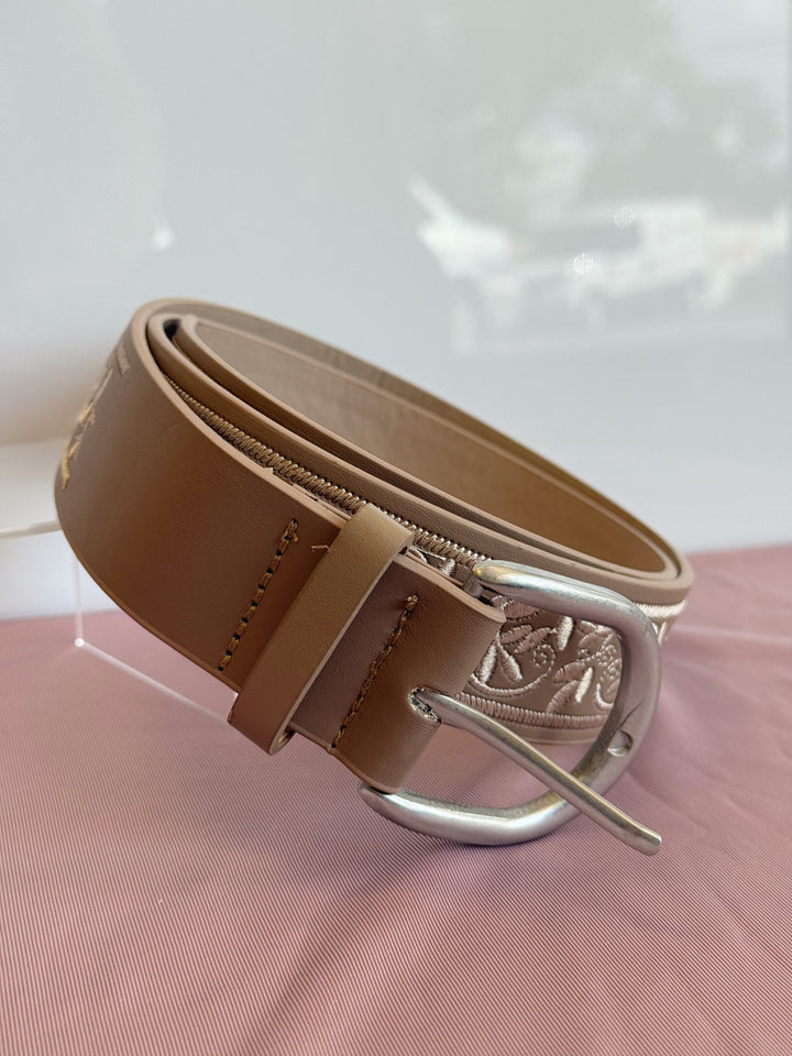 Floral Embroidered Faux Leather Belt