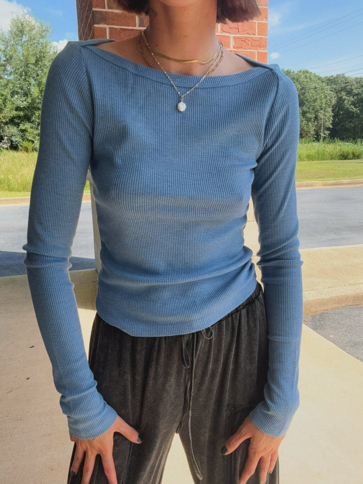 Ribbed Waffle Boat Neck Top