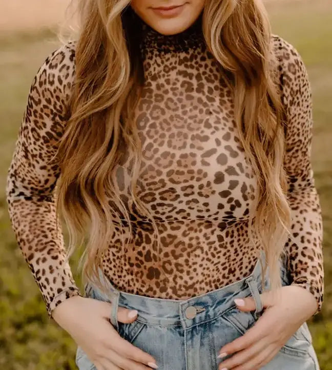 Leopard Mesh Long Sleeve Bodysuit