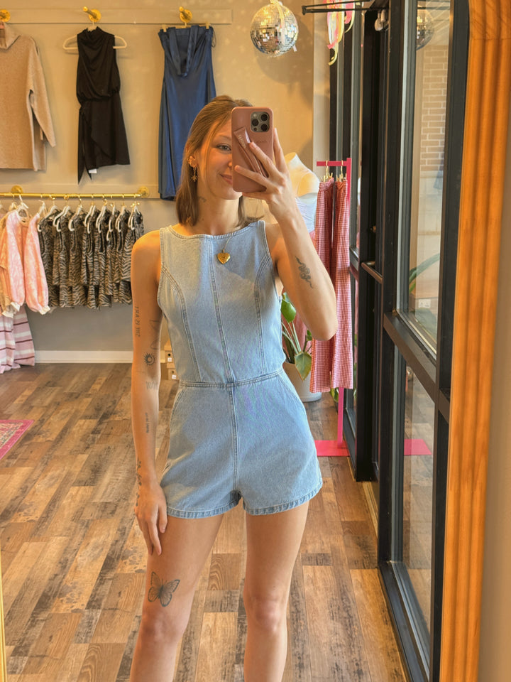 Karly Open Back Denim Romper