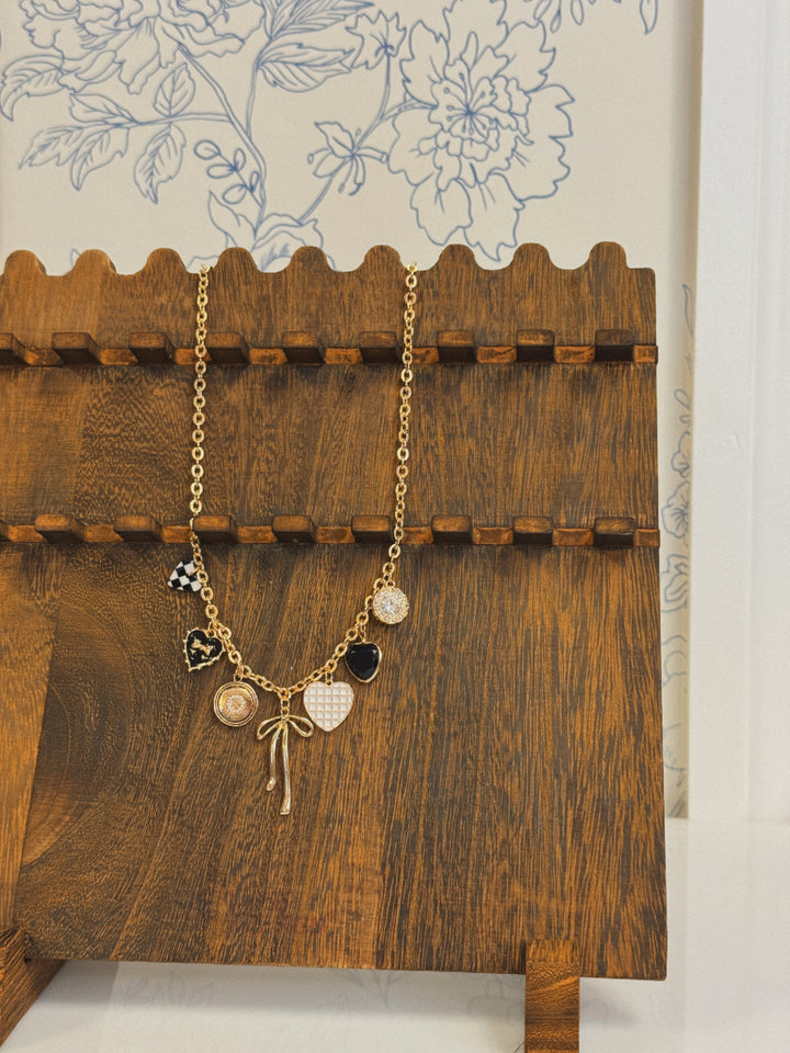 CHARM NECKLACE-BOW CHECKER HEART RHINESTONE