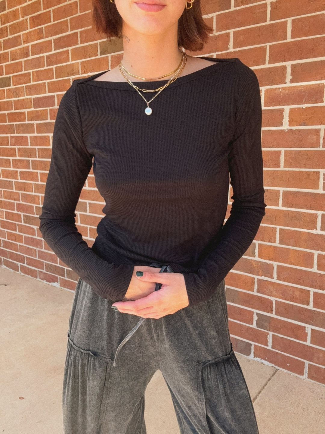 Ribbed Waffle Boat Neck Top