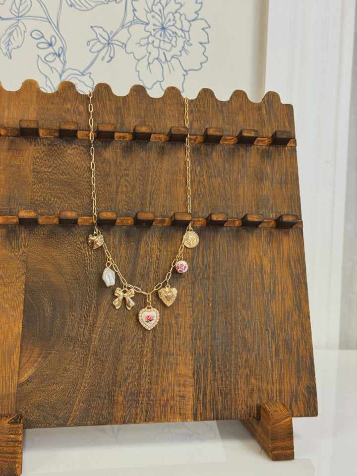 BOW HEART CHARM NECKLACE