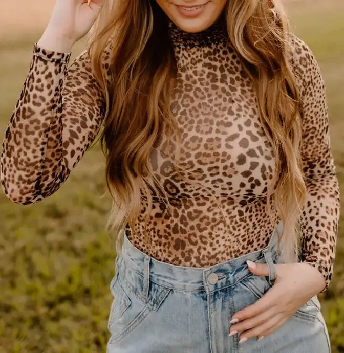 Leopard Mesh Long Sleeve Bodysuit