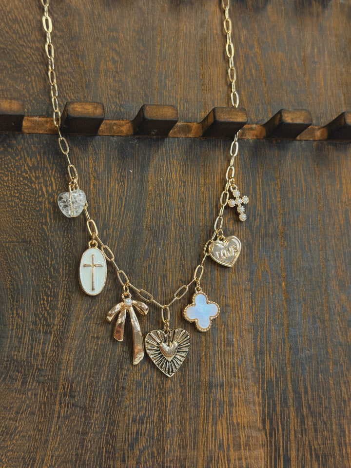CHARM NECKLACE-CLOVER BOW CROSS HEART