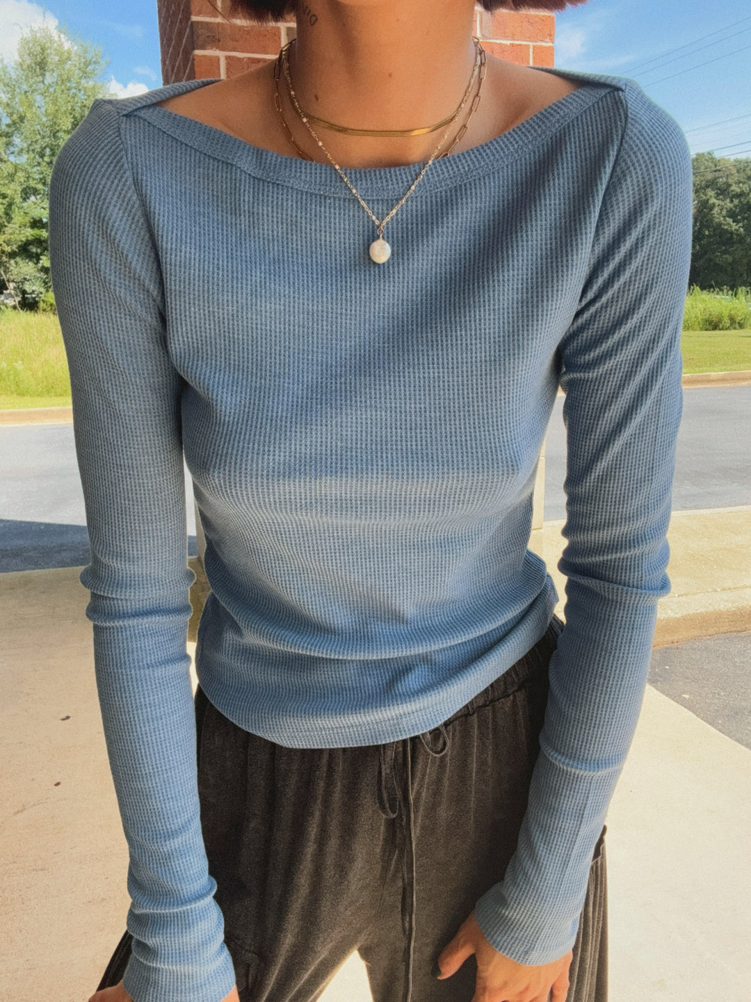 Ribbed Waffle Boat Neck Top