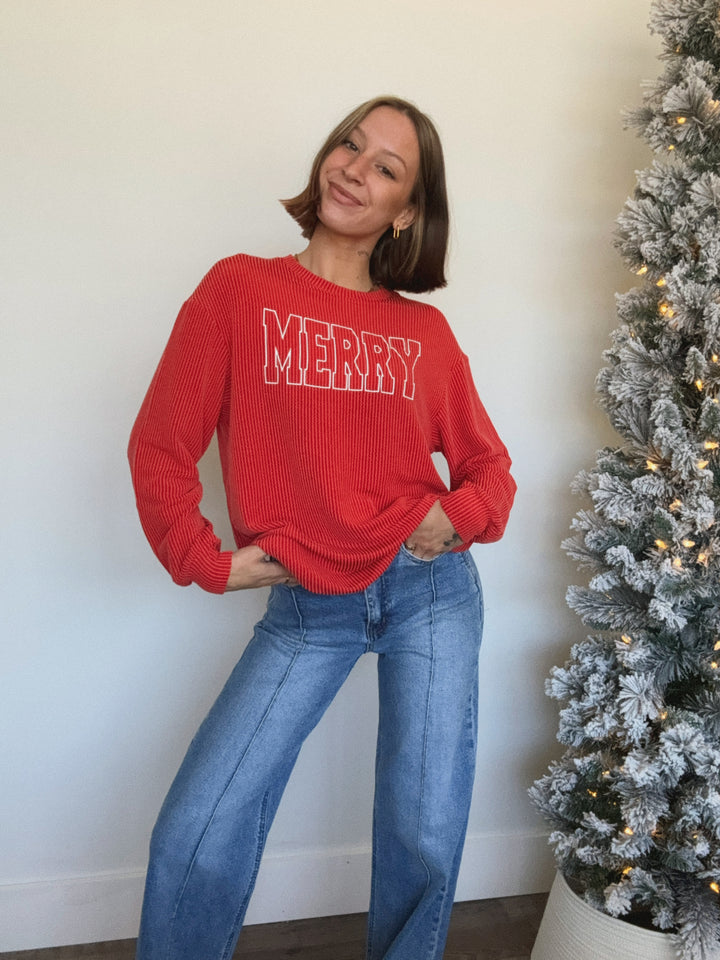 Ribbed Merry Letter Christmas Graphic Top