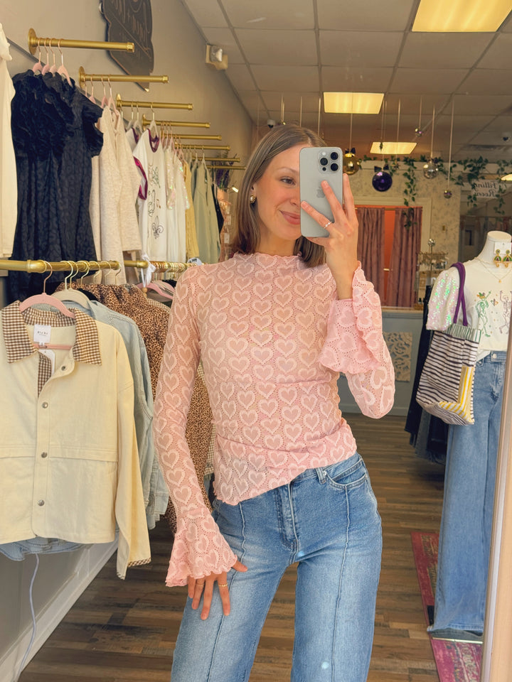 Heart Mesh Mock Neck Top
