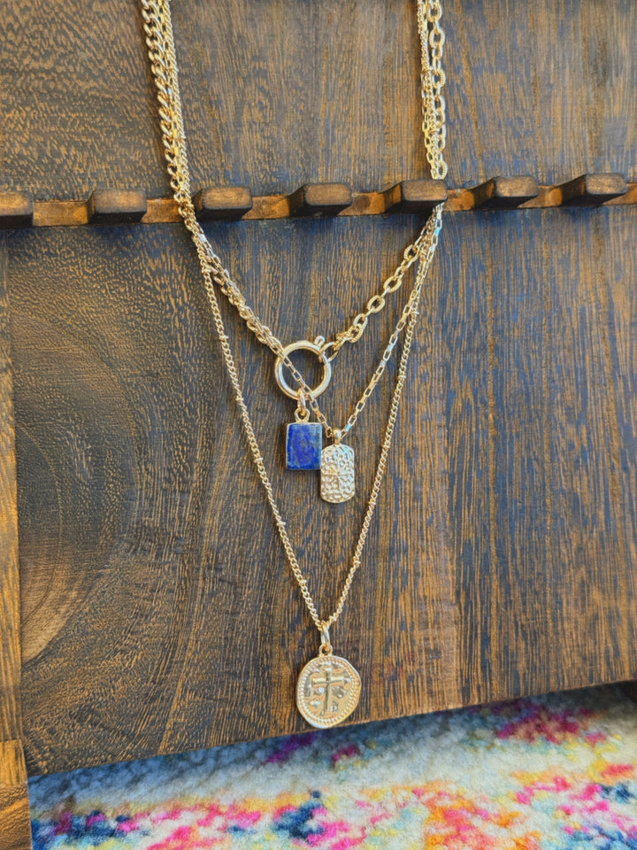 LAYER CELESTIAL CROSS BLUE STONE CHARM NECKLACE