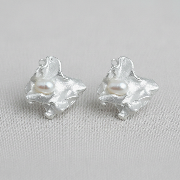 Pleated Freshwater Pearl Stud Earrings