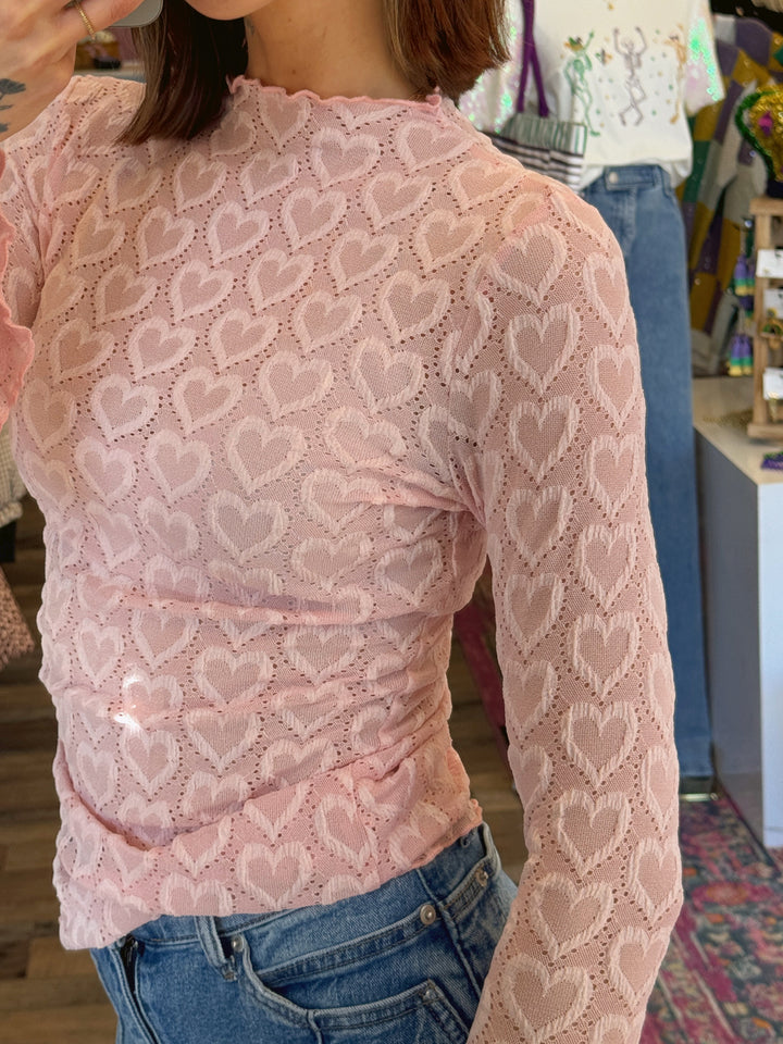 Heart Mesh Mock Neck Top