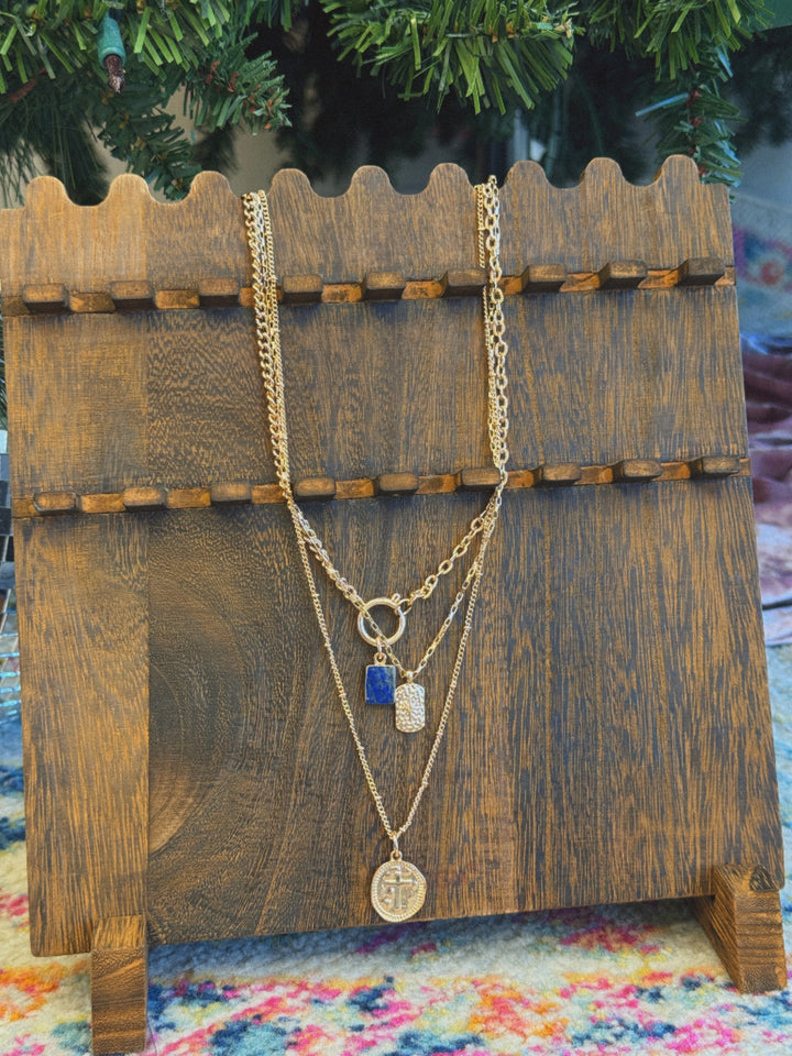 LAYER CELESTIAL CROSS BLUE STONE CHARM NECKLACE