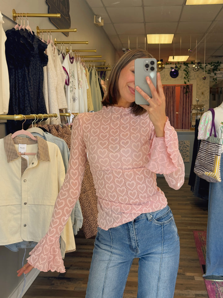 Heart Mesh Mock Neck Top