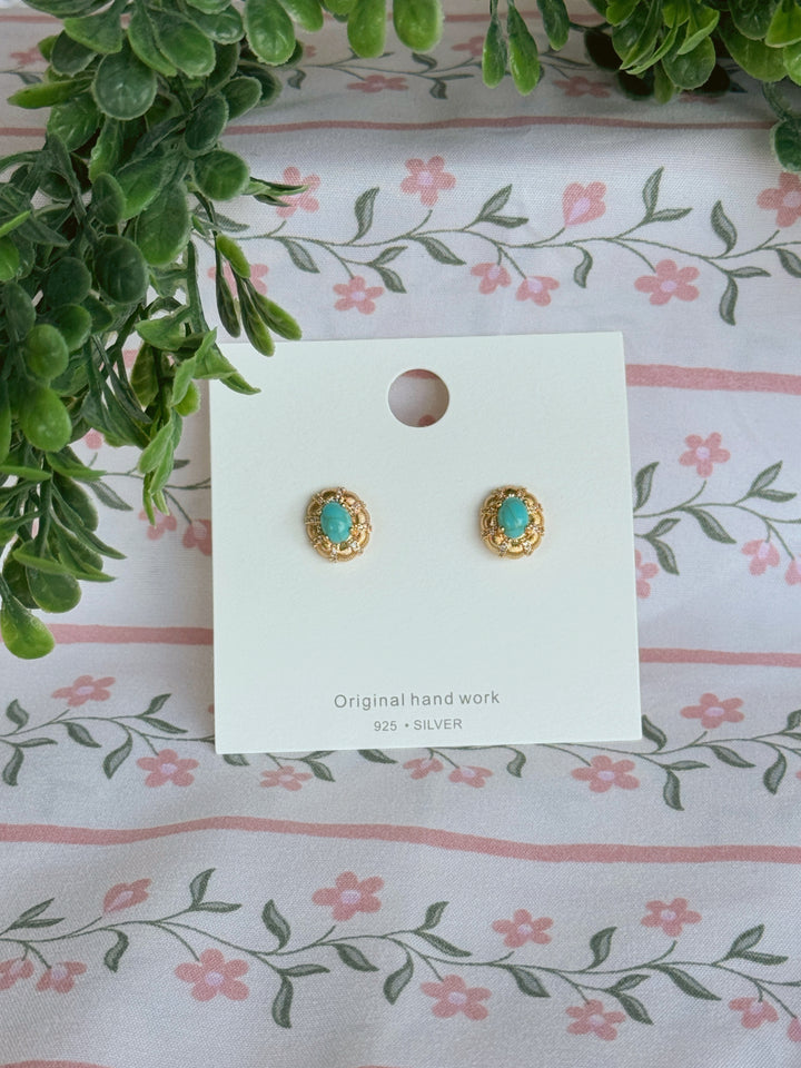 Vintage Oval Turquoise Zircon Stud Earrings