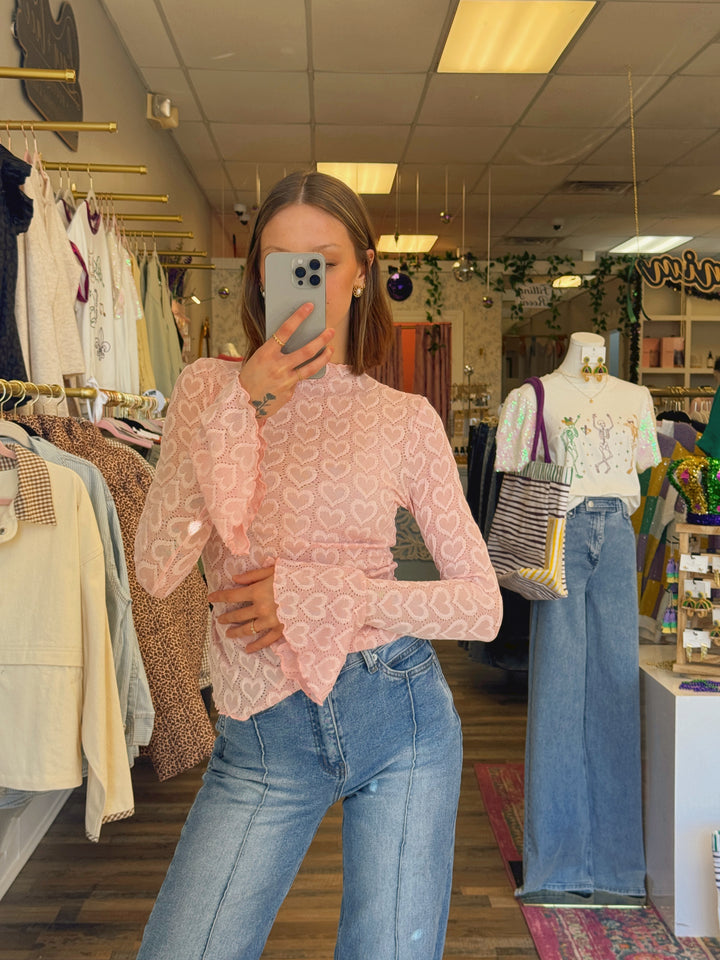Heart Mesh Mock Neck Top