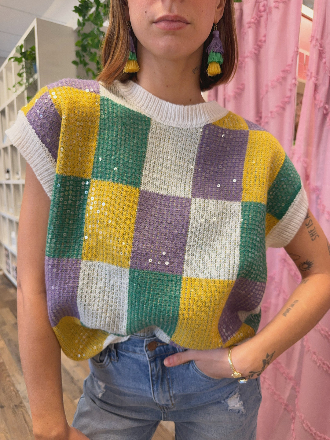 Sequin Mardi Gras Checkered Vest