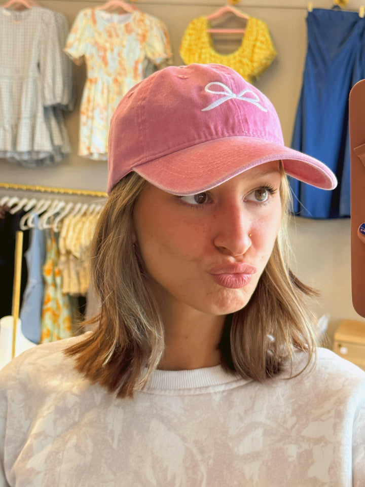 Coquette Ribbon Bow Embroidery Washed Hat