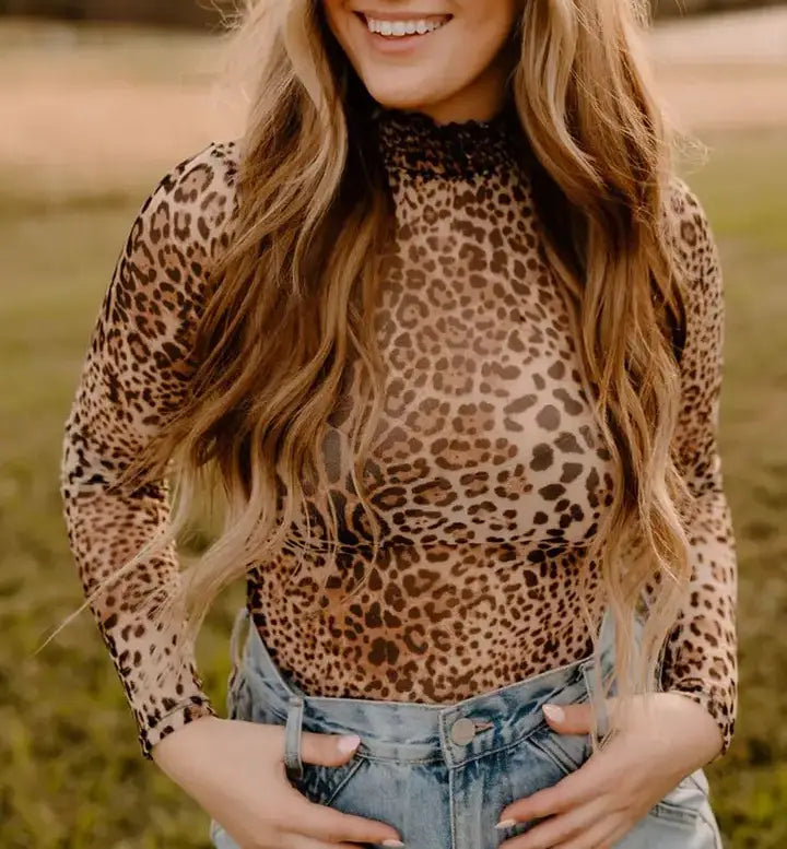 Leopard Mesh Long Sleeve Bodysuit