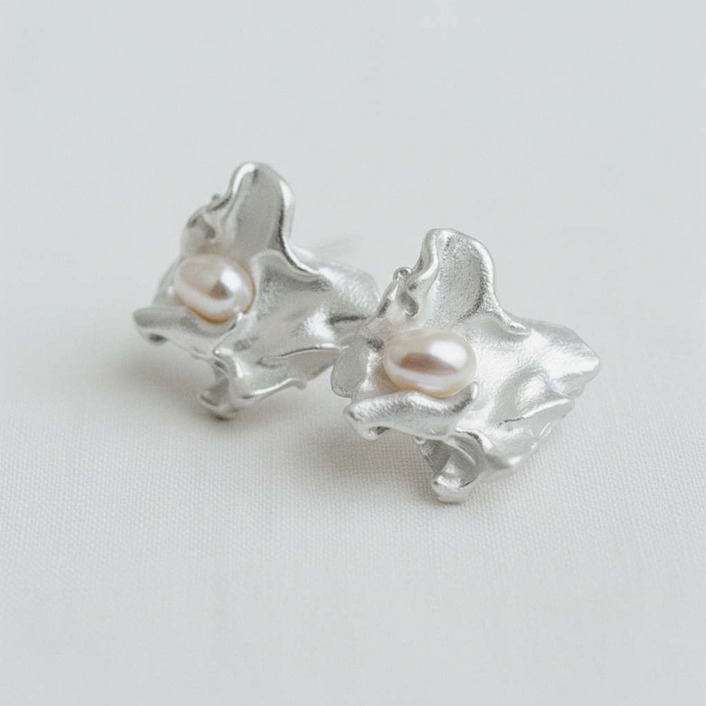 Pleated Freshwater Pearl Stud Earrings