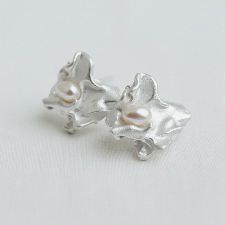 Pleated Freshwater Pearl Stud Earrings